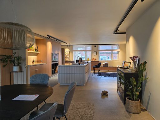 Moderne Wohnung mit offener Küche, Esstisch und gemütlicher Sitzecke. Pflanzen und Tageslicht.